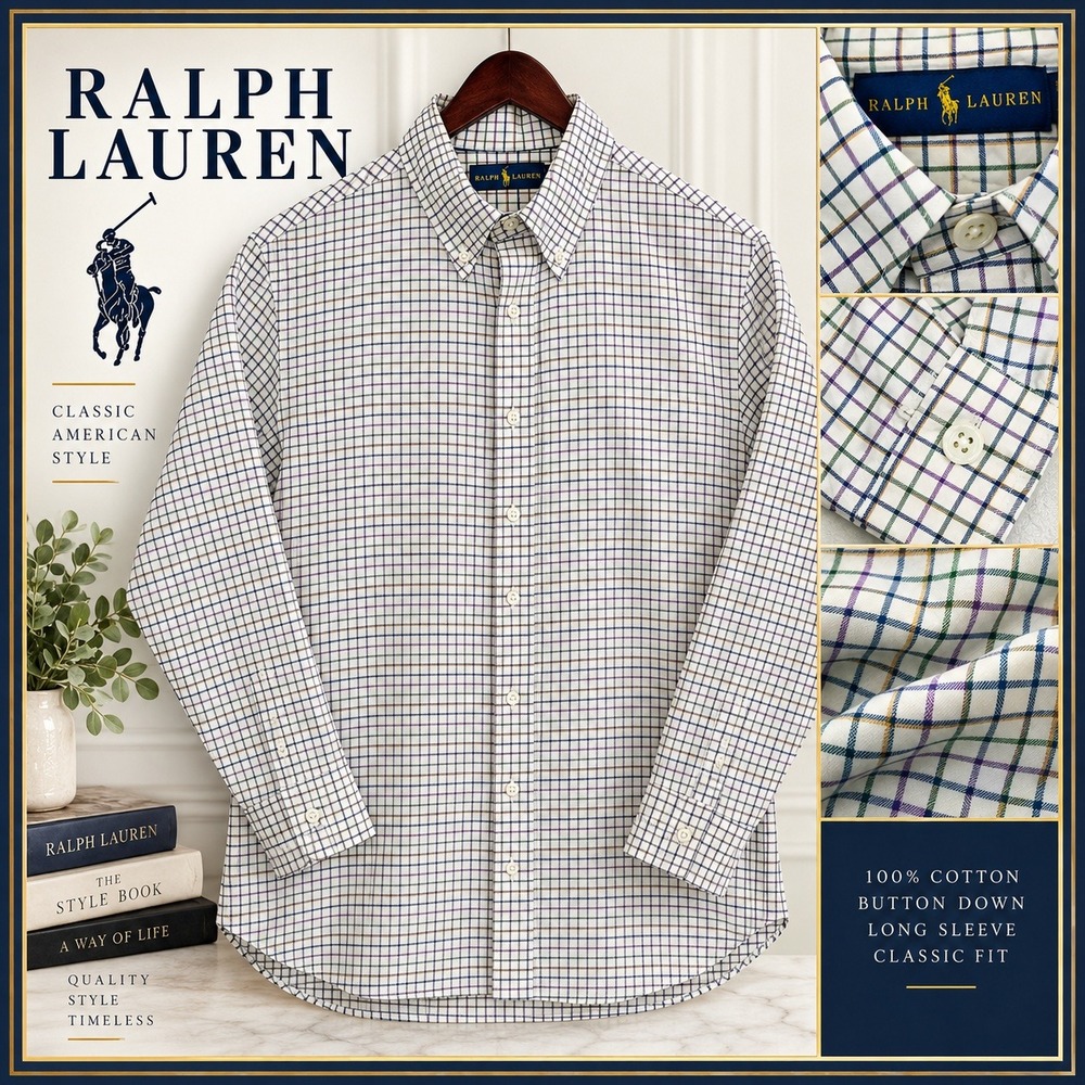 Ralph Lauren Button Down Shirt Mens XL Cream Tattersall Check Long Sleeve Preppy